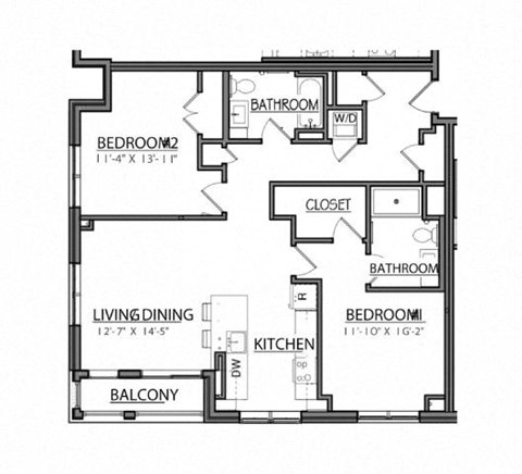 Floor plan for 2 beds, 2 baths, 1075 sqft